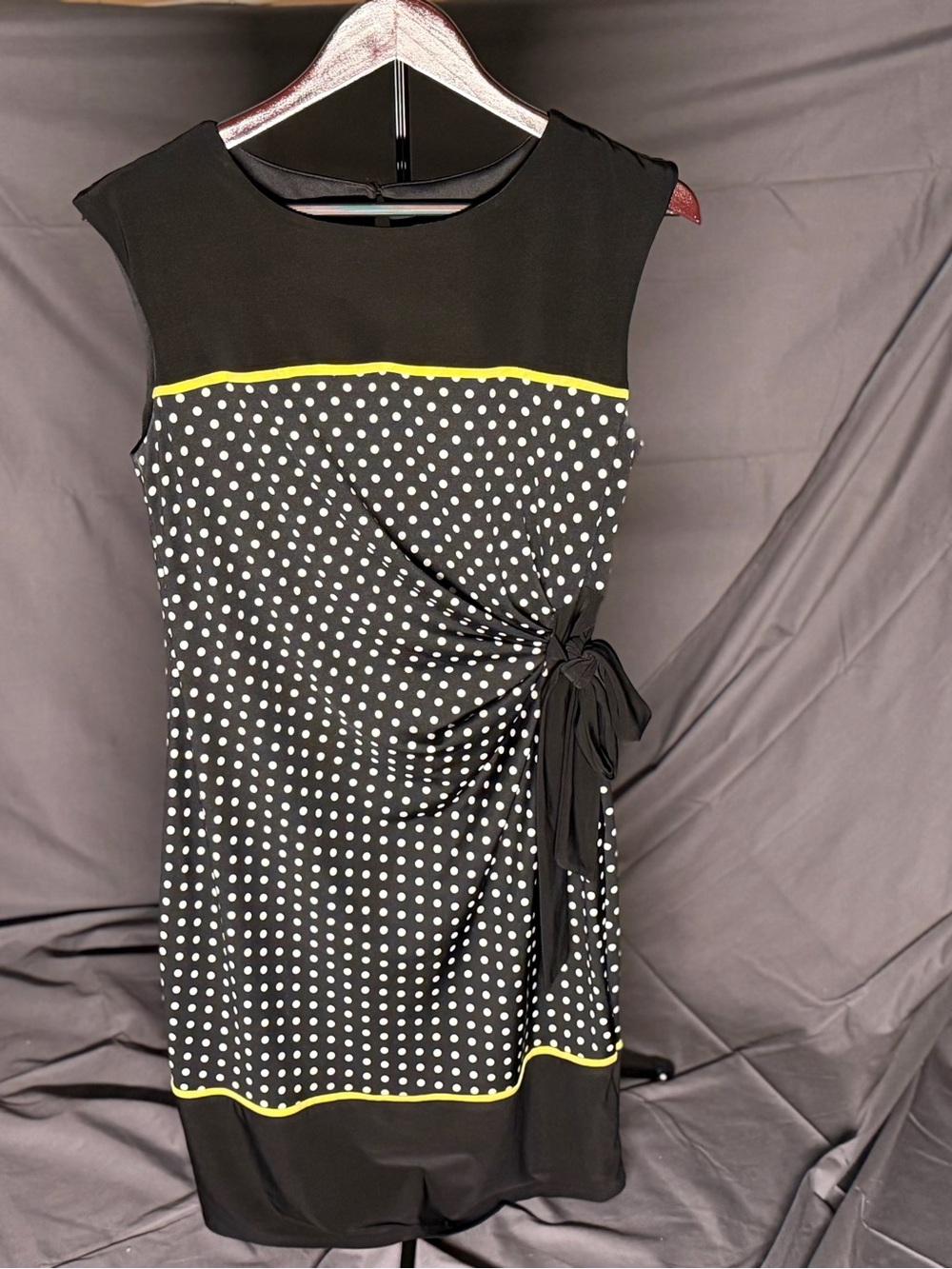 R&K Black & White Polka Dot Sheath Dress with Yellow Trim